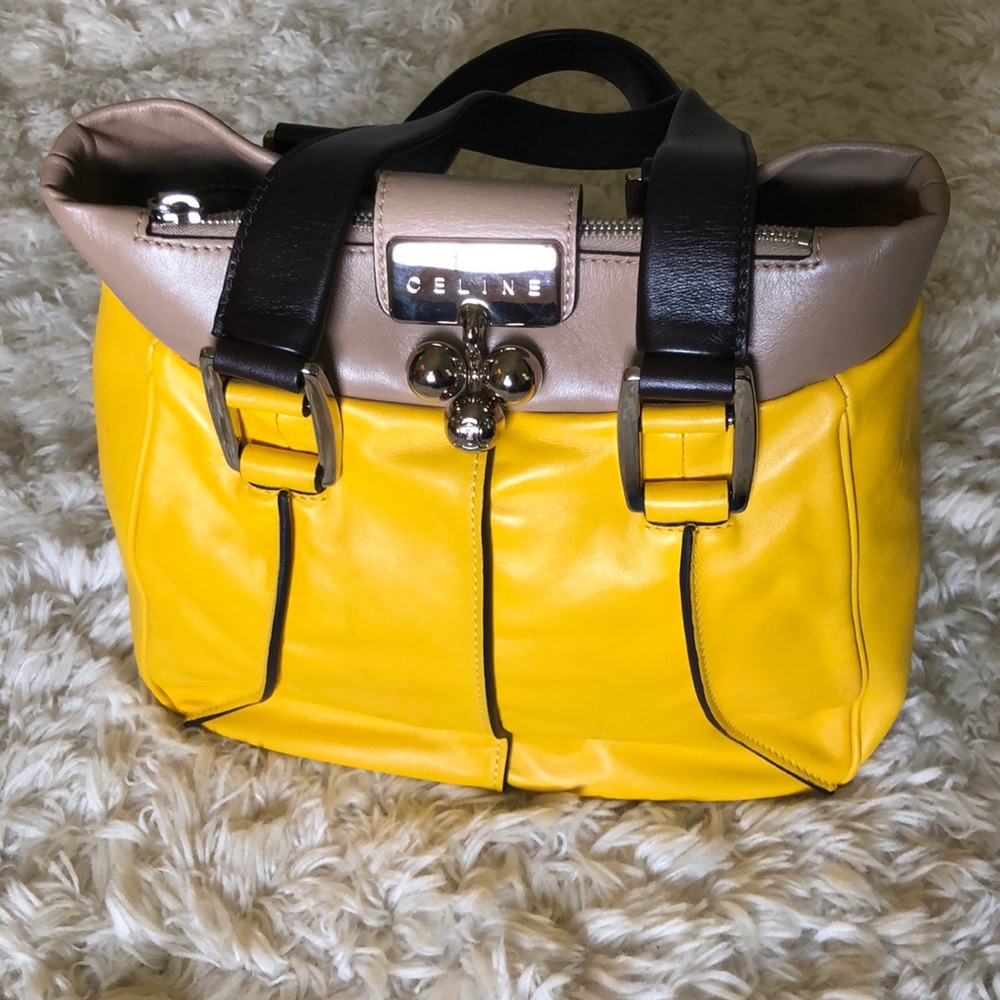 Celine Yellow, Taupe, Leather, Vintage Handbag